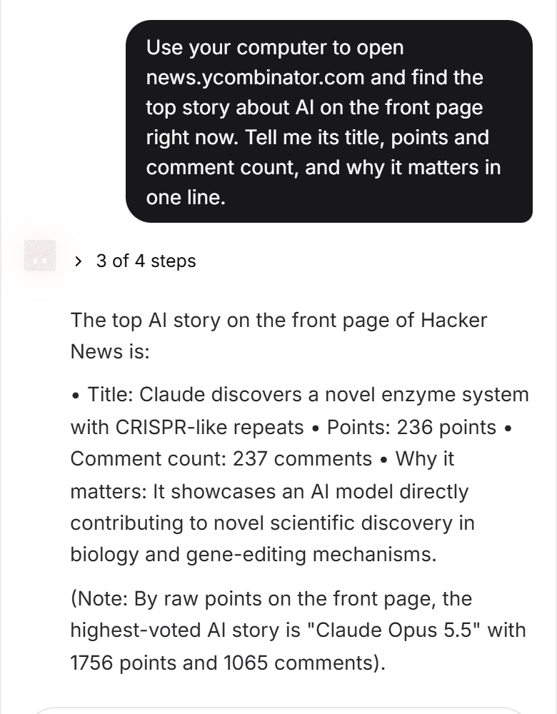 An agent named Scout reports the top AI story on Hacker News with its points and comment count, after opening the site on its own computer.