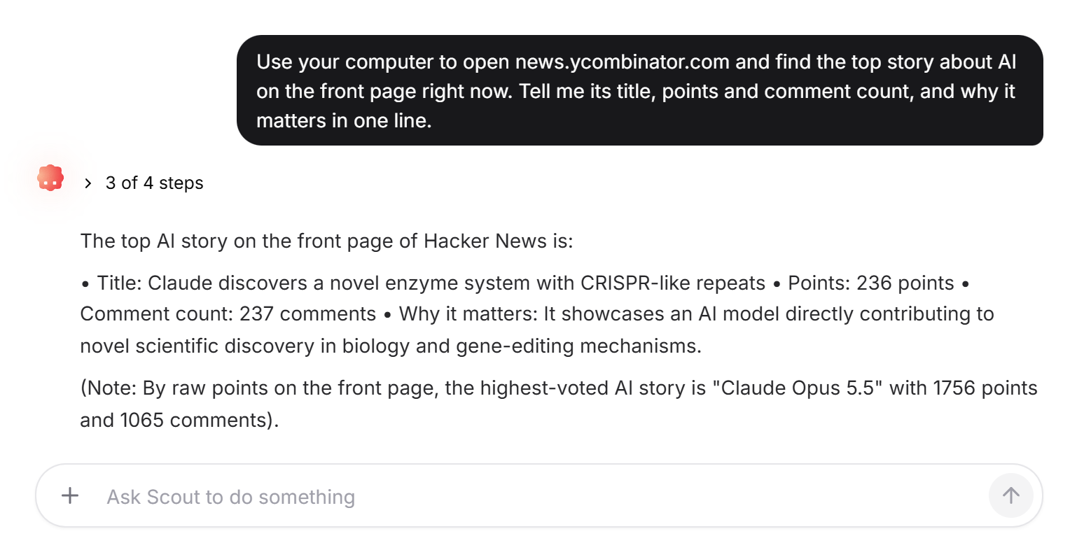 Scout, a OneSpace agent, after 3 of 4 steps on its own computer: the top AI story on Hacker News, with its points, comment count and why it matters.