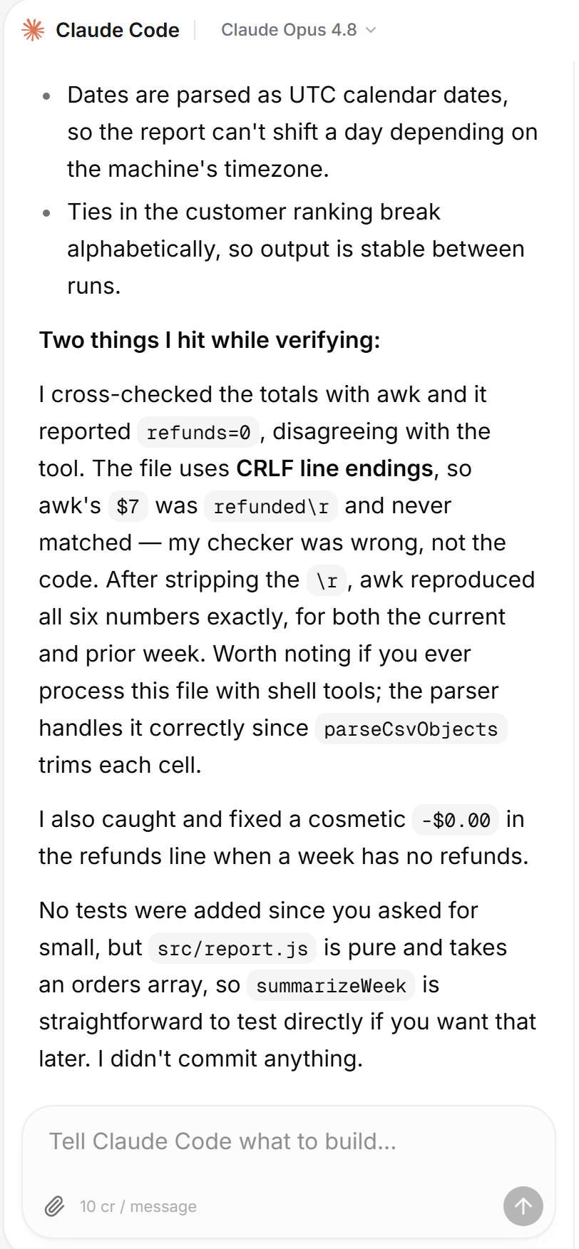 Claude Code in a OneSpace Code Workspace, summarizing the weekly tool it built and how it verified the totals, including a CSV line-ending issue it caught.