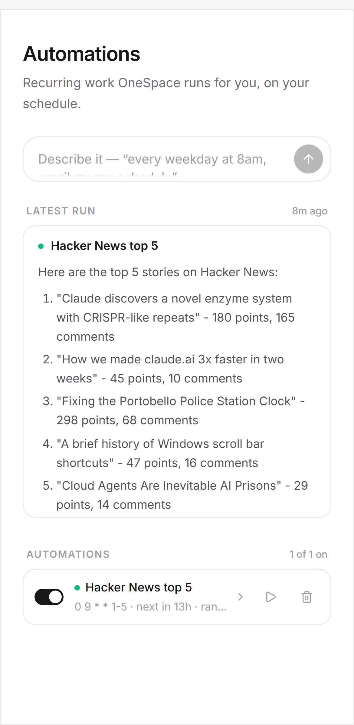 An automation's latest run: the top 5 Hacker News stories with points and comment counts, scheduled for weekdays at 9:00.