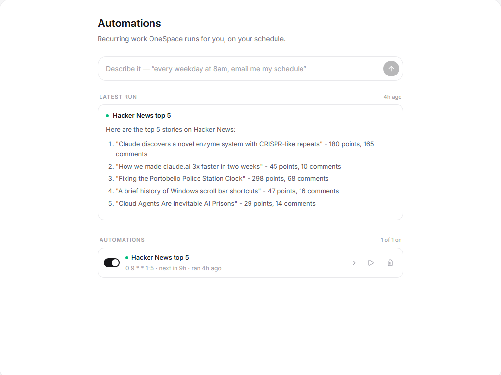 OneSpace Automations: a Hacker News top 5 automation scheduled for weekdays at 9:00, and its latest run listing the five top stories with points and comment counts.