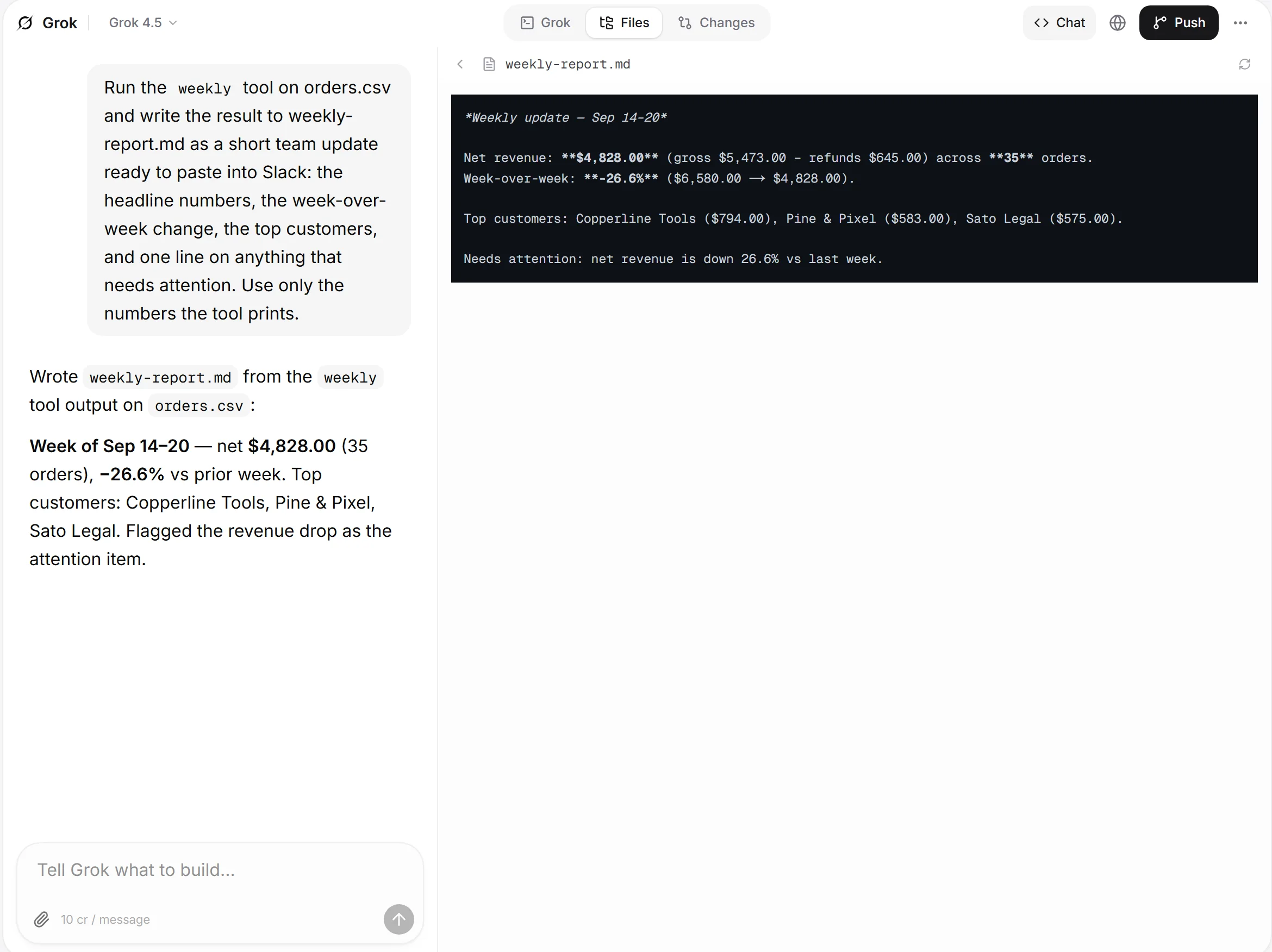 Grok Build's workspace: its chat reports the weekly numbers and the Files tab shows the weekly-report.md it wrote, a Slack-ready update with net revenue, week-over-week change and top customers.