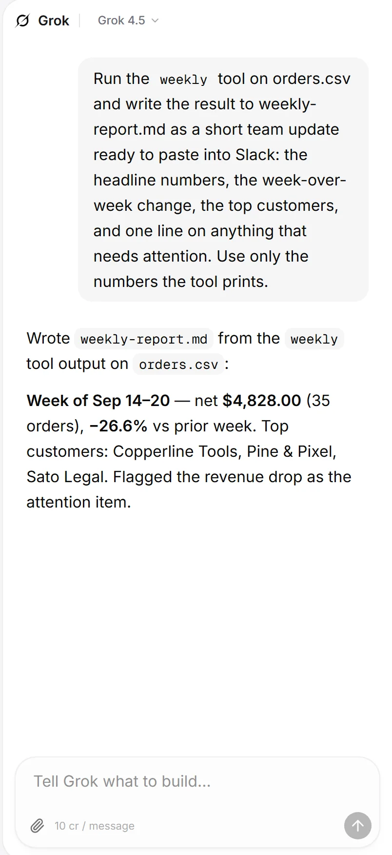 Grok Build's update: week of Sep 14 to 20, net $4,828.00 on 35 orders, down 26.6% on the prior week, with the top customers.