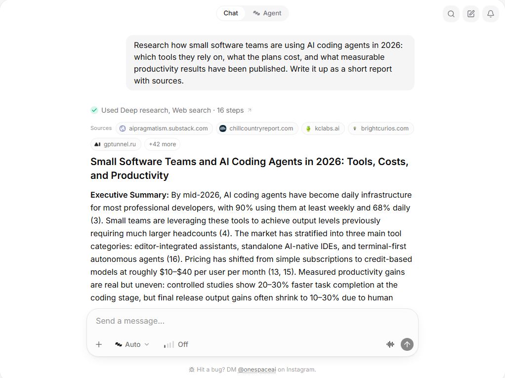 A OneSpace deep research run: the prompt, 16 steps across deep research and web search, source chips, and the report titled Small Software Teams and AI Coding Agents in 2026: Tools, Costs, and Productivity.